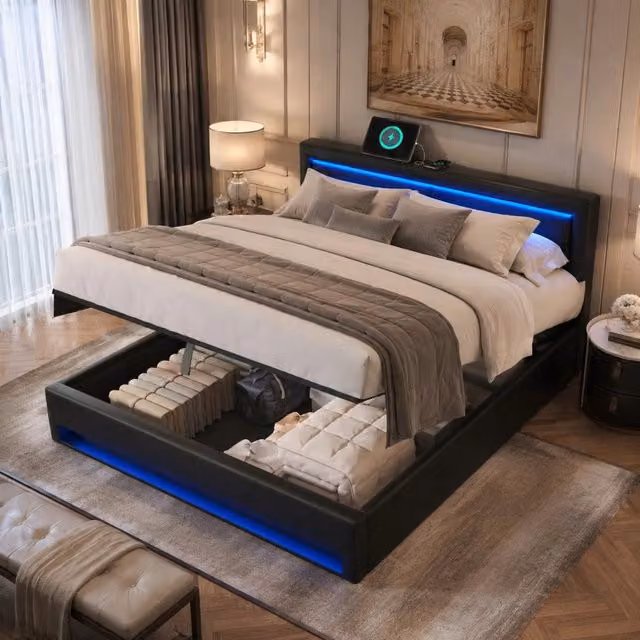 Letto imbottito REDOM con contenitore, porta USB e illuminazione LED, rivestimento in ecopelle nera, L/P: 140 x 190 cm