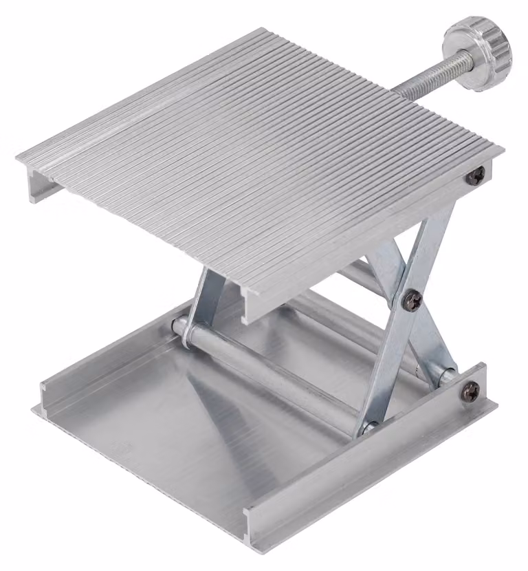 Piattaforma di sollevamento per carichi, 90 x 90 mm, con altezza regolabile, strumento di misurazione, sollevamento manuale, colore argento