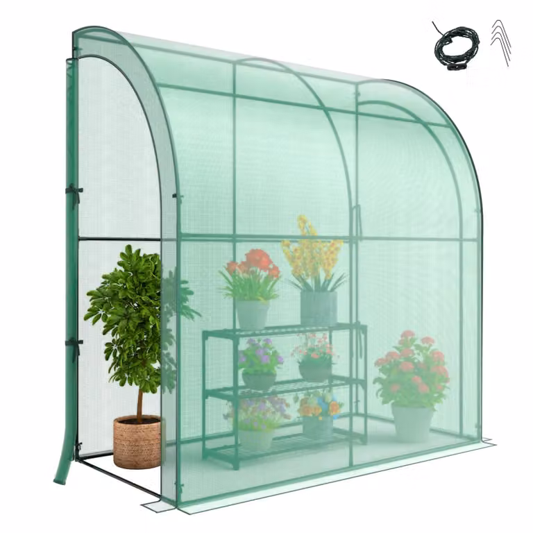 Serra, serra in plastica con scaffale per fiori a 3 ripiani, serra da parete con 2 porte avvolgibili, serra addossata Riegelsberger, 198,5 x 98 x 215 cm