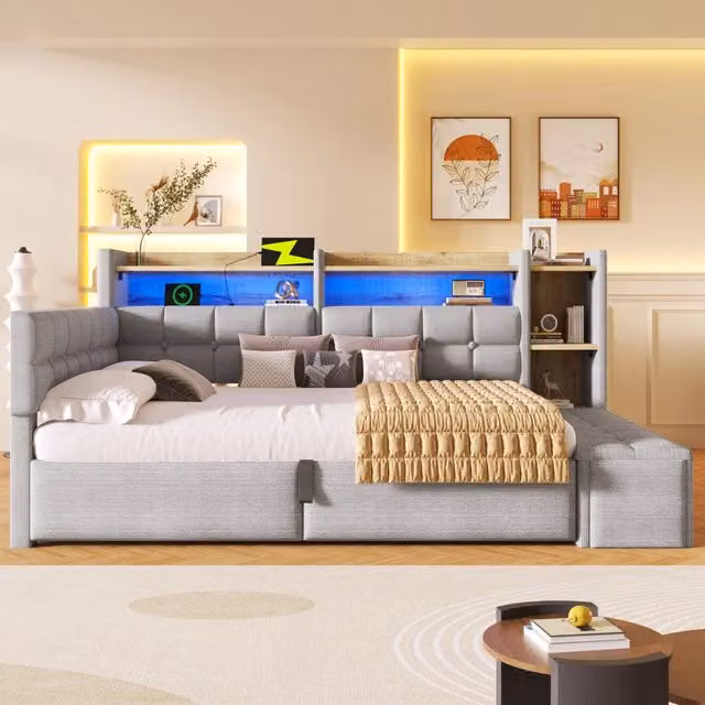 Letto da giorno 140x200 cm in velluto con accumulo idraulico LED e USB-C - Grey