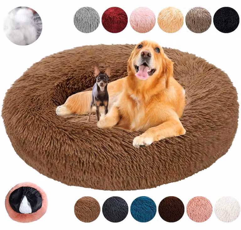 Cuccia per cani, forma rotonda, morbida, tipo "donut", rilassante, lavabile, con cerniera, colore marrone, taglia 2XL (90 cm di diametro)