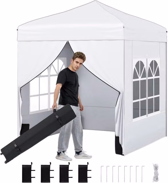 Gazebo pieghevole da giardino in acciaio con pareti removibili e altezza regolabile, colore bianco – 1