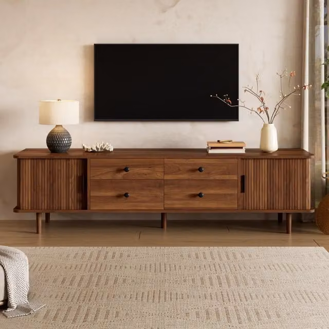 Mobile TV 165 cm in MDF, 4 cassetti e 2 ante scorrevoli, ampio spazio contenitore, angoli arrotondati