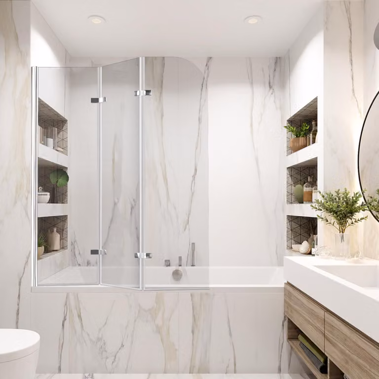 Pannello doccia Ikodm per vasca da bagno, 120x140 cm, divisorio doccia pieghevole in due parti realizzato in vetro di sicurezza da 6 mm (EGS), da montare sopra la vasca, colore argento, trasparente