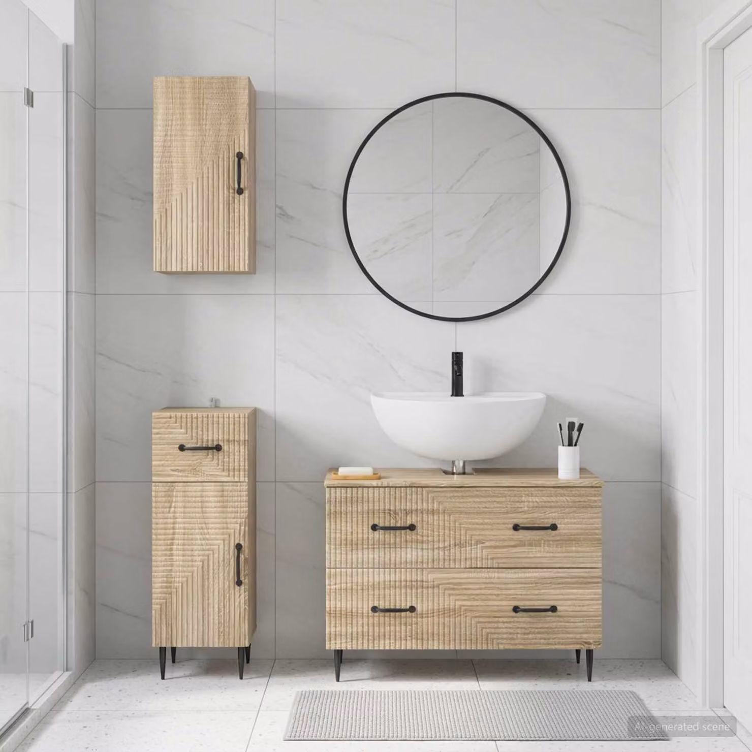 Set di armadietti da bagno moderni vidaXL HAARLEM in 3 pezzi, Rovere Sonoma, Marrone