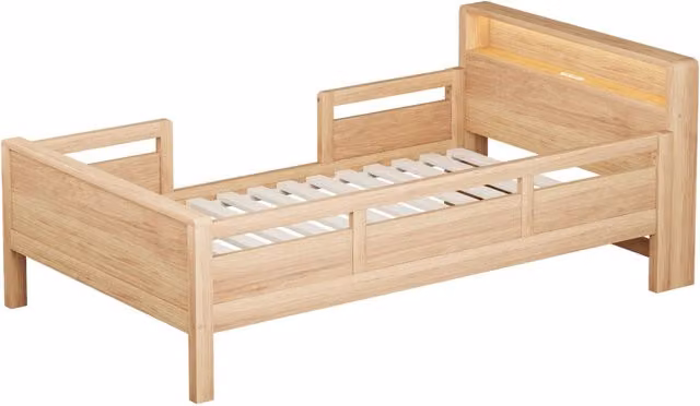Letto singolo per bambini in legno di pino marrone con barriera, porta USB e Type-C, luce LED integrata e mensola, L/P/H: 200 x 90 x 95 cm