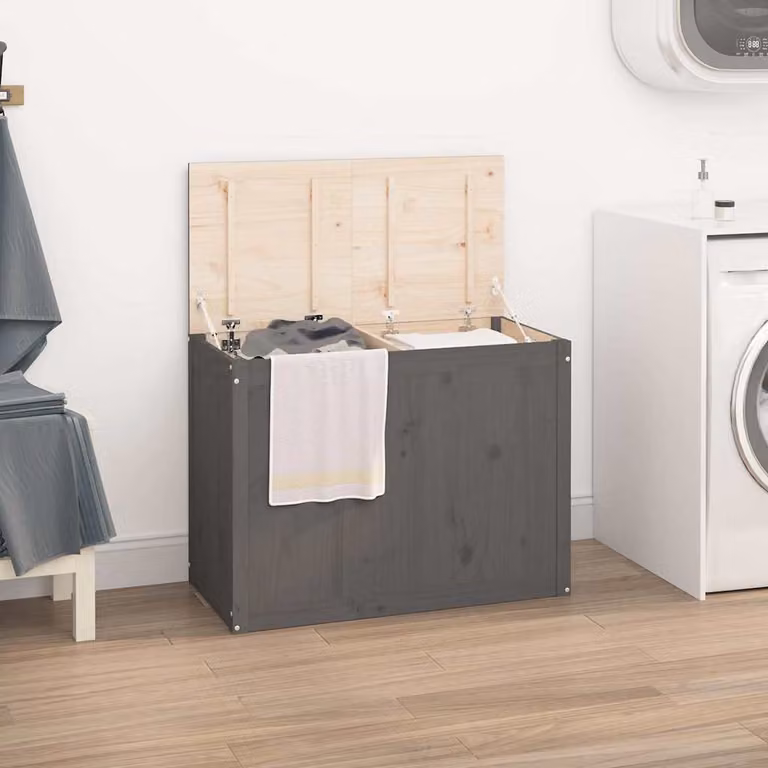 Contenitore per bucato vidaXL in legno di pino con coperchio, Grigio, L: 88,5 cm, P: 44 cm, H: 66 cm