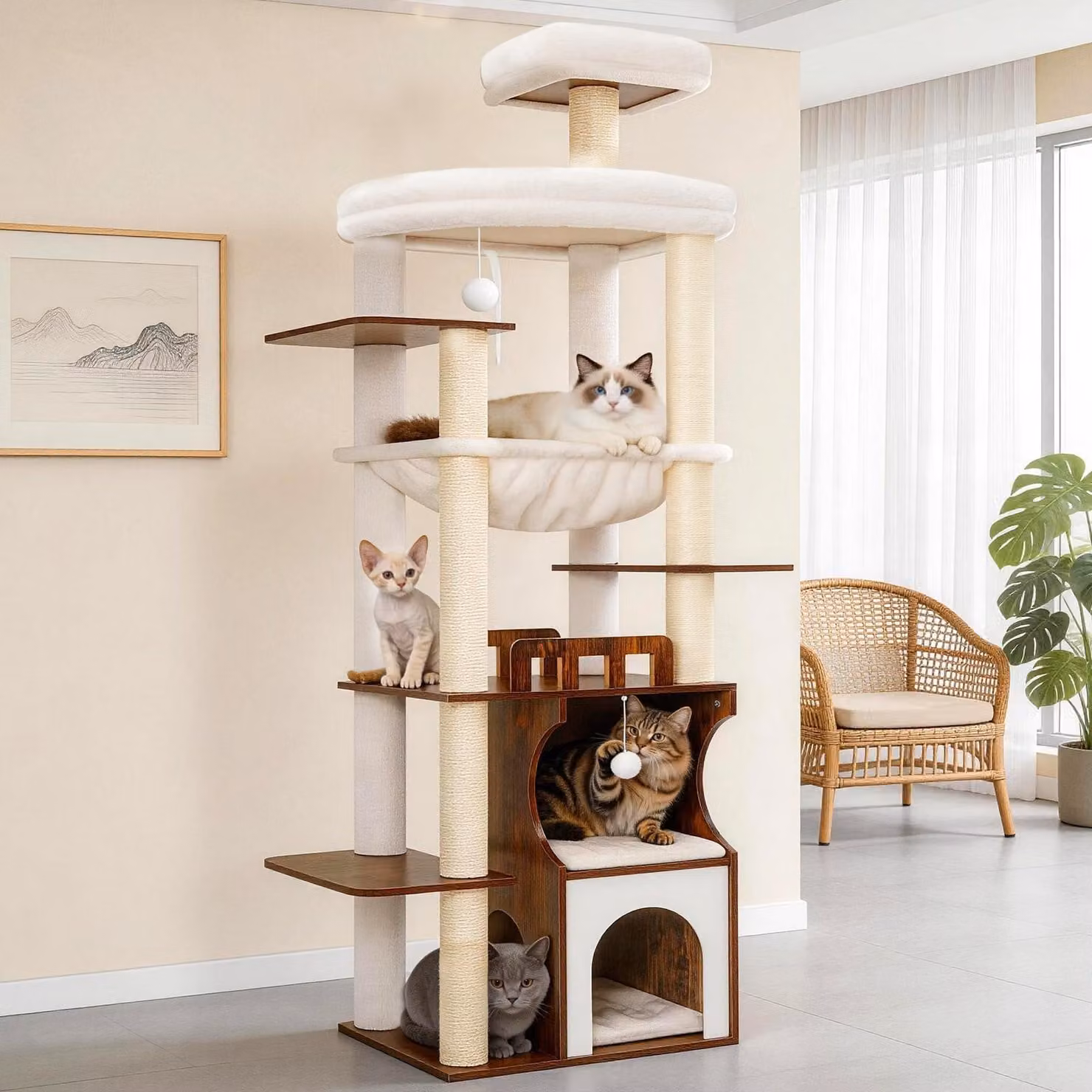 Tiragraffi per gatti - Albero per gatti in legno - 187 cm - Per gatti grandi - Marrone