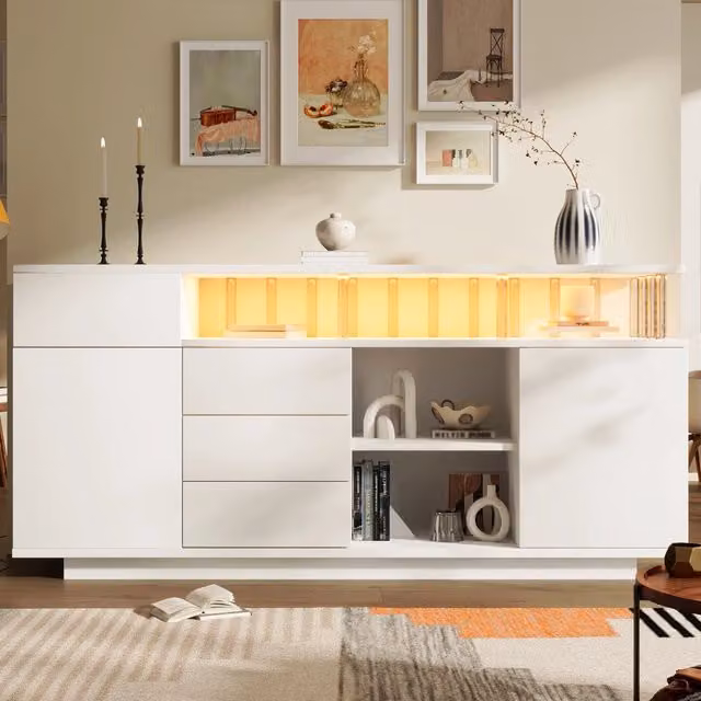 Credenza moderna bianca con illuminazione LED integrata, 4 cassetti soft-close e 2 ante, ripiani regolabili, L: 160 cm, P: 40 cm, H: 75 cm