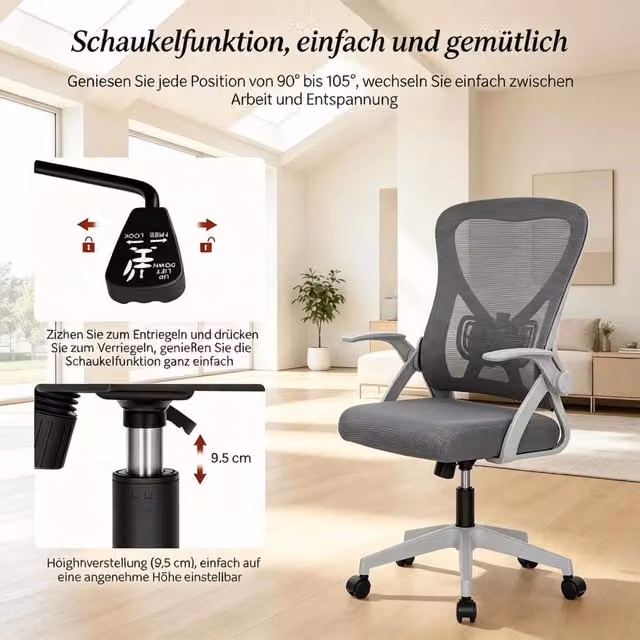 Sedia da ufficio ergonomica girevole OKWISH in tessuto e similpelle grigia con braccioli e design moderno per home office