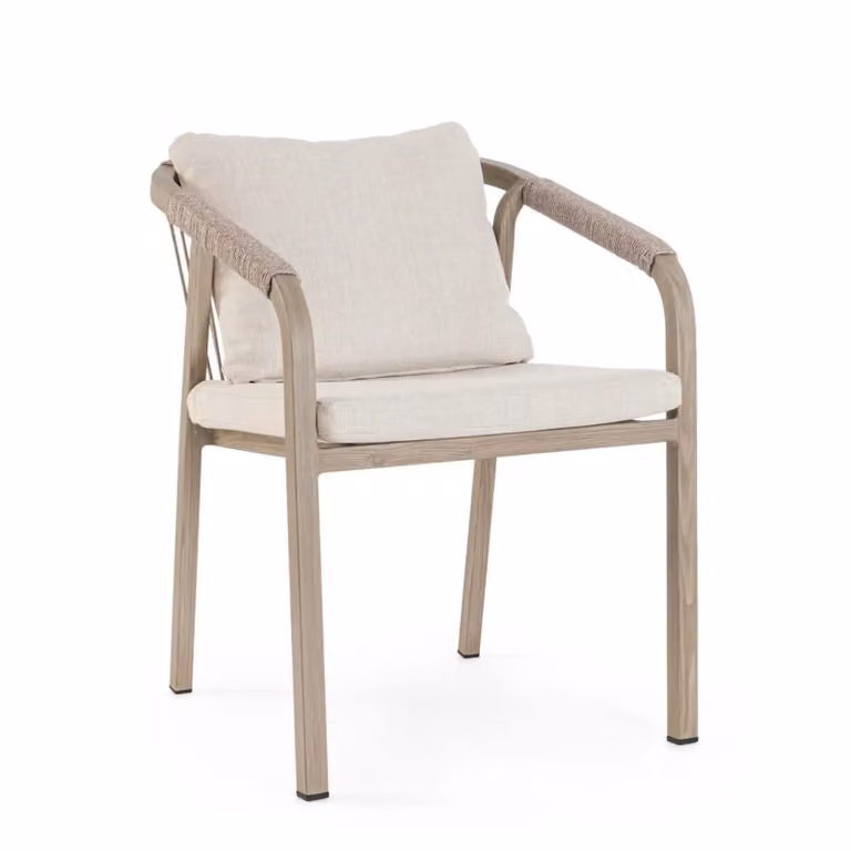 Set 4 sedie da giardino ALVOR con cuscini beige, intreccio in corda e struttura in alluminio effetto legno