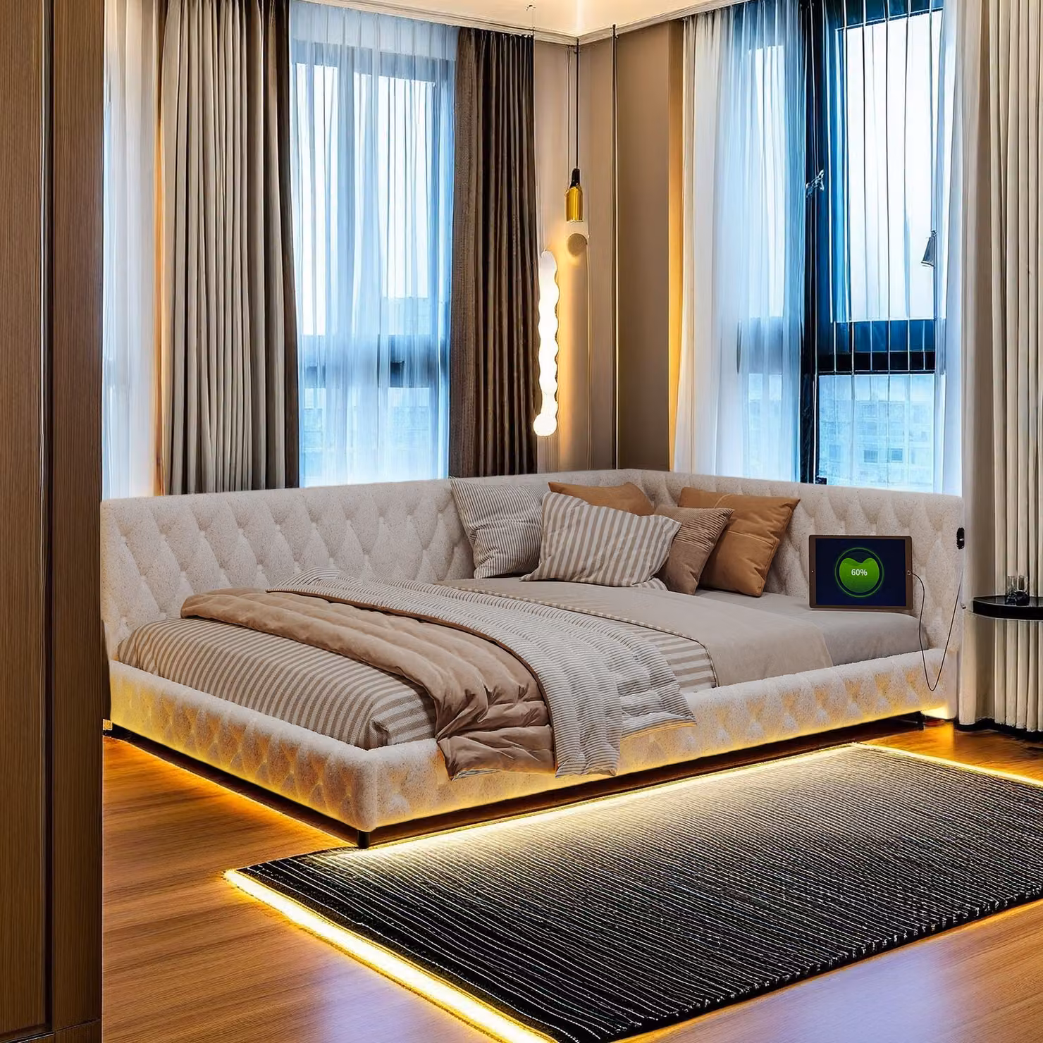 Letto imbottito per bambini 140x200 cm con USB Type-C, letto matrimoniale con LED, divano letto da giorno, divano letto per ragazzi struttura letto con doghe in legno, orsetto, bianco