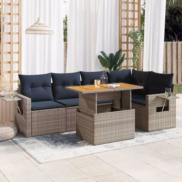 Set Divano da Giardino a L vidaXL in Polyrattan con Cuscini e Tavolino, 6 Pezzi, Grigio e Blu