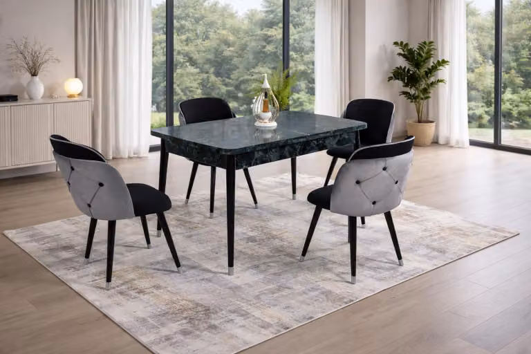 Tavolo con 4 sedie, stile moderno, colore nero, allungabile, confortevole
