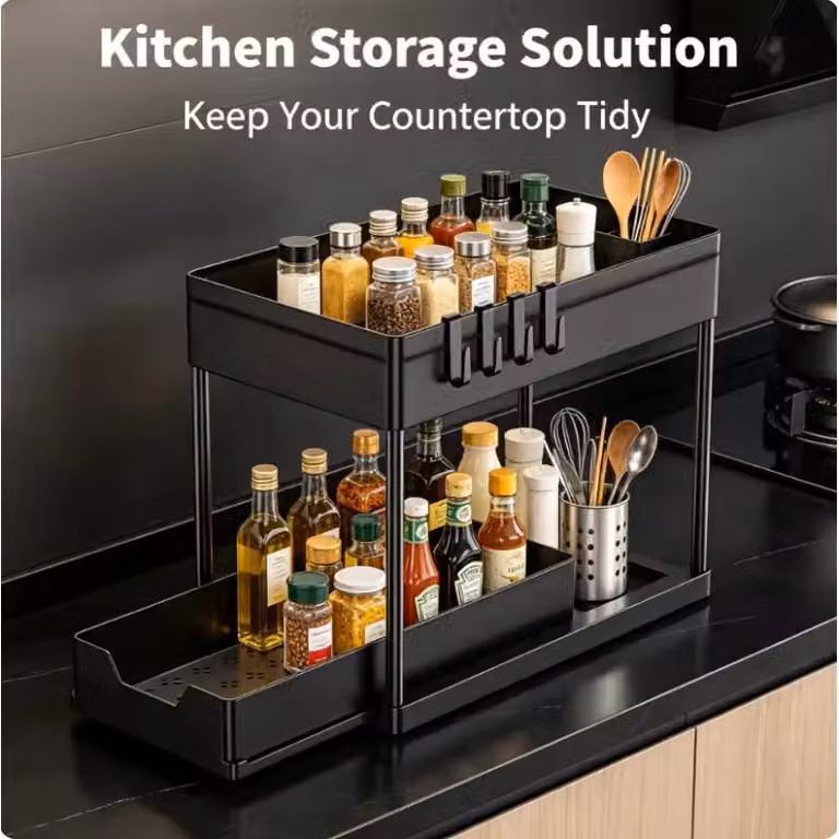 Organizer a due ripiani per armadietti, scaffale estensibile sotto il lavello e per la cucina, portaoggetti per spezie e cosmetici con ganci - Shelfy