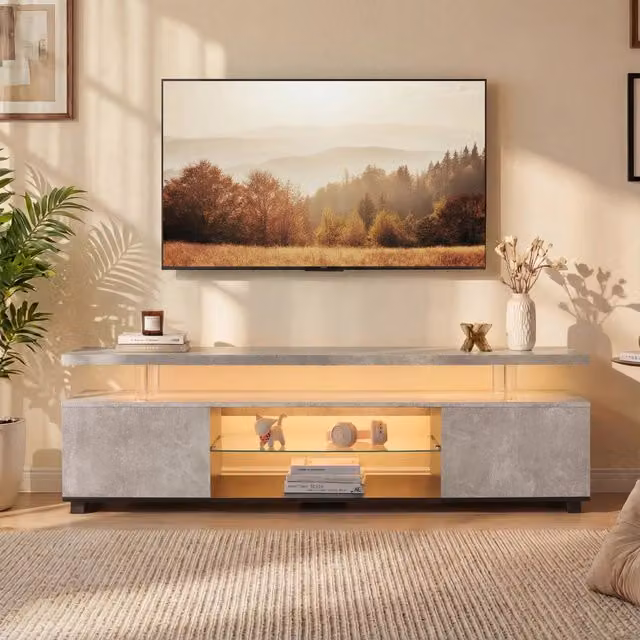 Desviae Mobile porta TV con LED 3 vani chiusi e ripiano aperto in legno ingegnerizzato grigio e nero per soggiorno