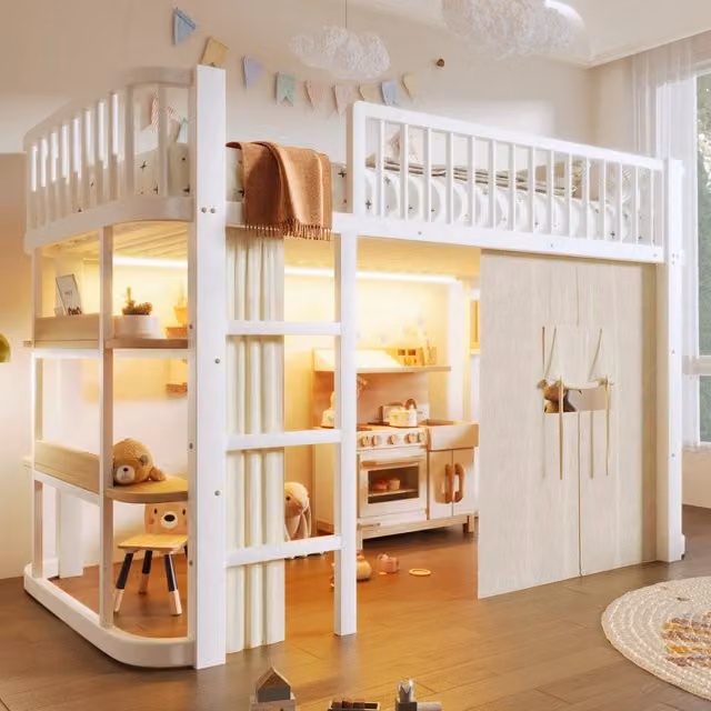 Letto a soppalco per bambini 90x200 cm con tende oscuranti; spazio inferiore modulabile; mensole e LED; metallo bianco