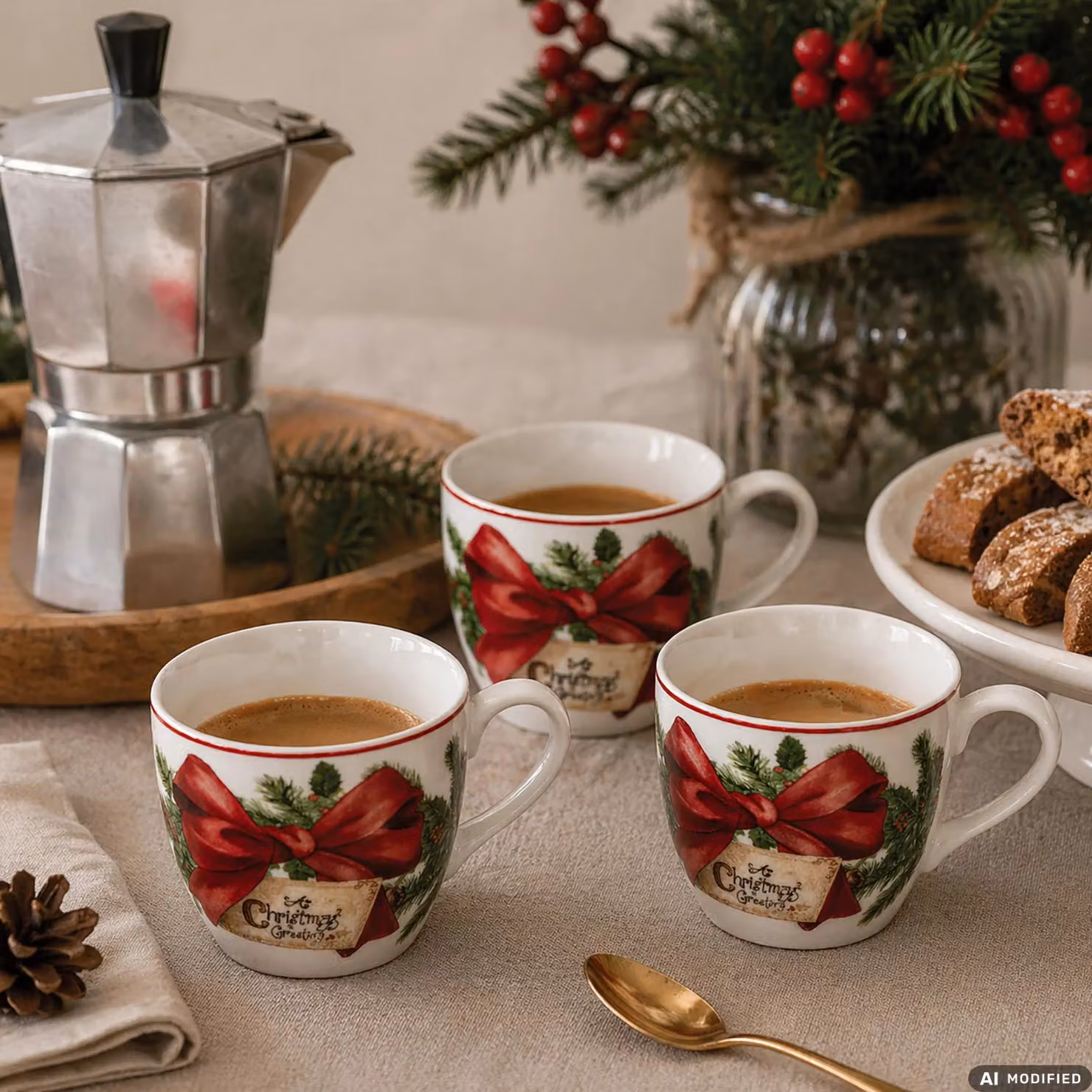 Set di 6 tazzine da caffè natalizie Red Ribbon Garland Vestiamo Casa in porcellana, colori rosso e bianco, 9 cl – 2