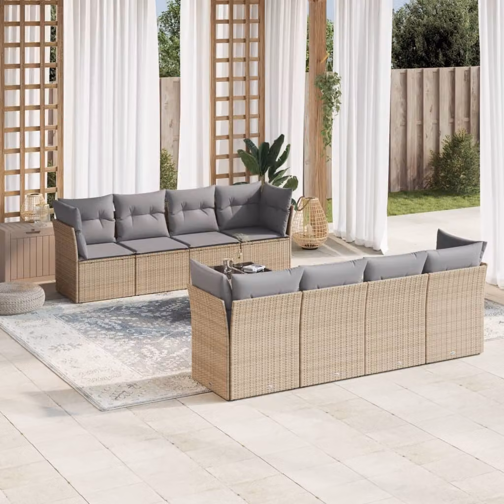 vidaXL Set Divano da Giardino a L 9 pz con Tavolino in Vetro e Cuscini Beige e Grigio – 1