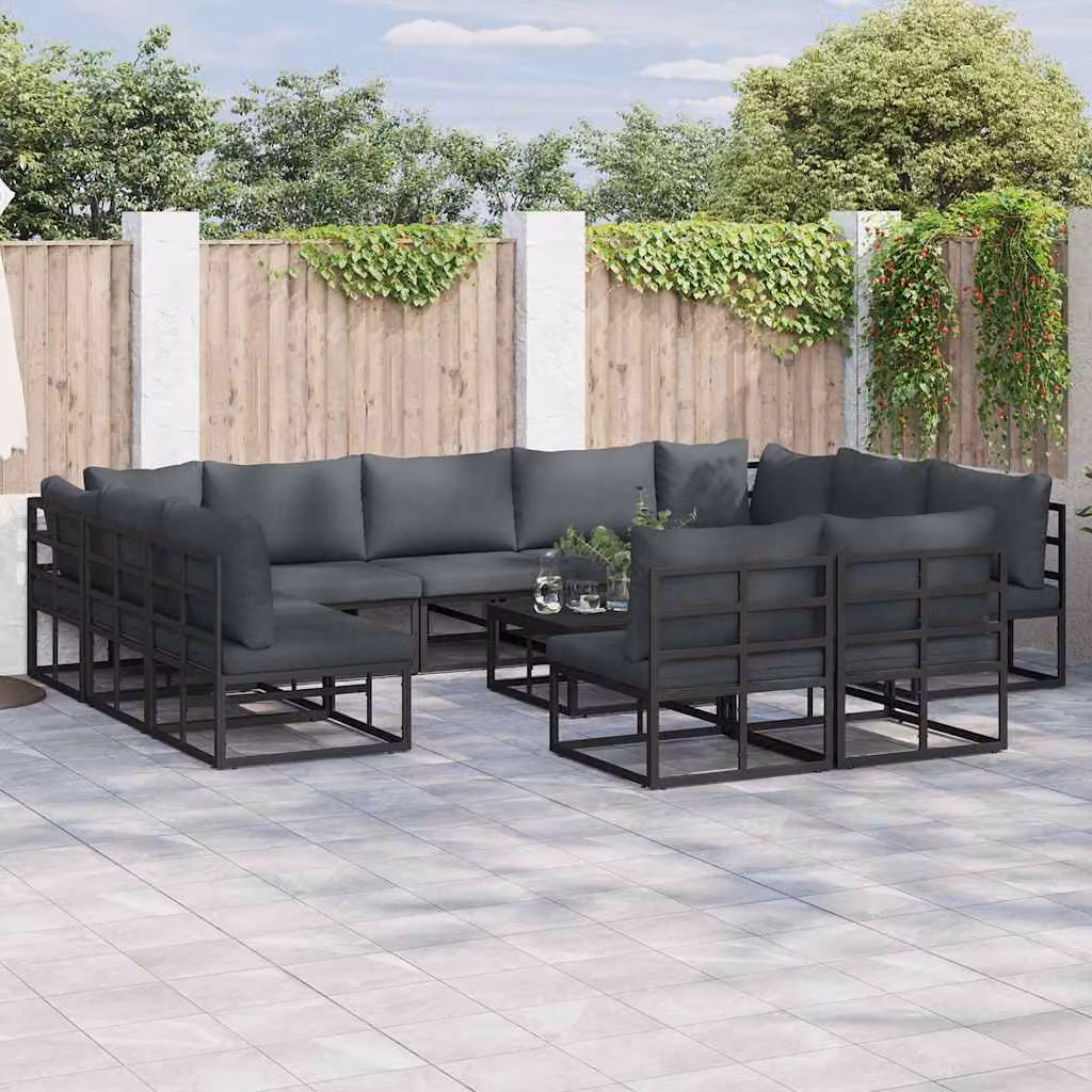 vidaXL Set Divano da Giardino a L in Alluminio Verniciato Nero con 11 Cuscini Imbottiti – 1