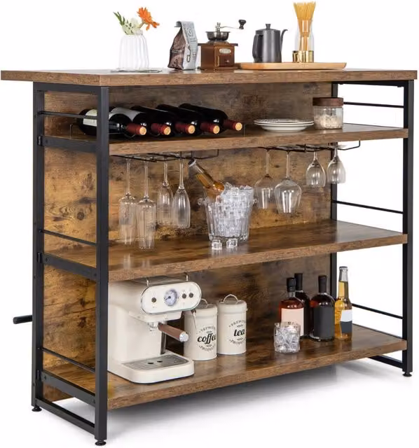 Isola cucina stile industriale con 3 ripiani aperti portabottiglie e porta calici, Mobile bar con poggiapiedi Marrone-Tavoli da pranzo