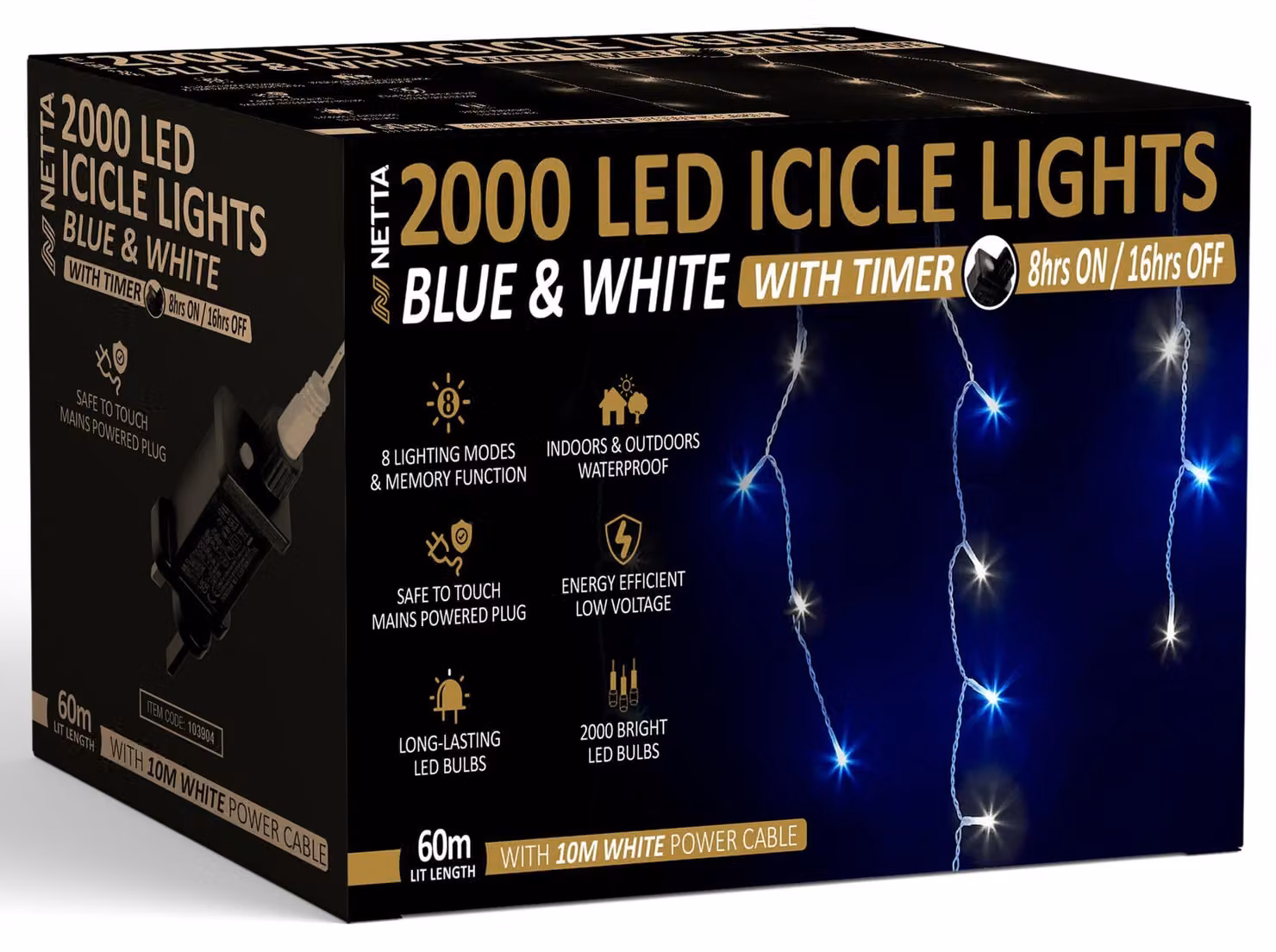 Catena luminosa a LED a forma di cristallo di ghiaccio, 2000 LED, 60 metri, con timer, 8 modalità, colore blu/bianco freddo