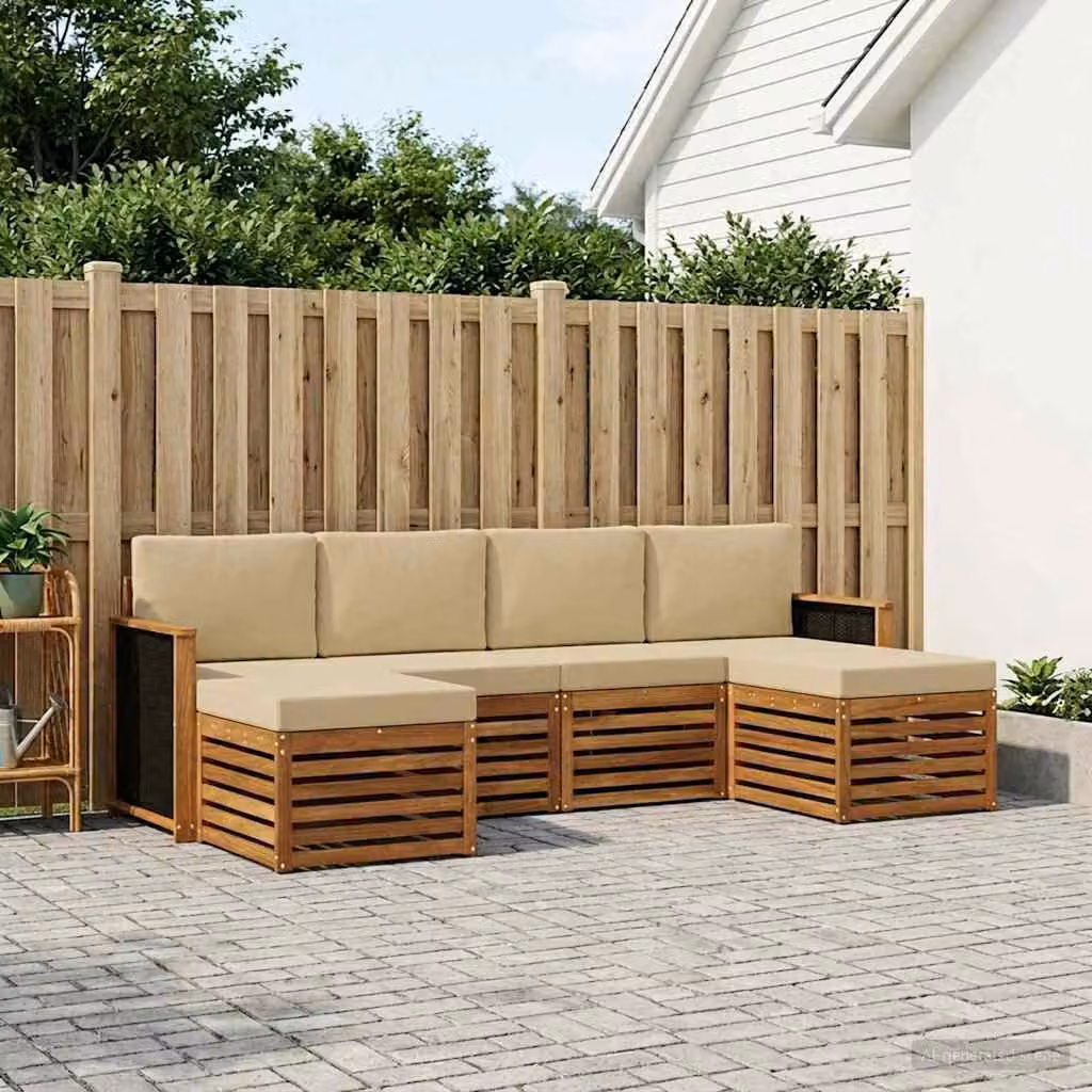 Set di divani da esterno vidaXL a forma di L in legno di acacia con cuscini beige e marrone