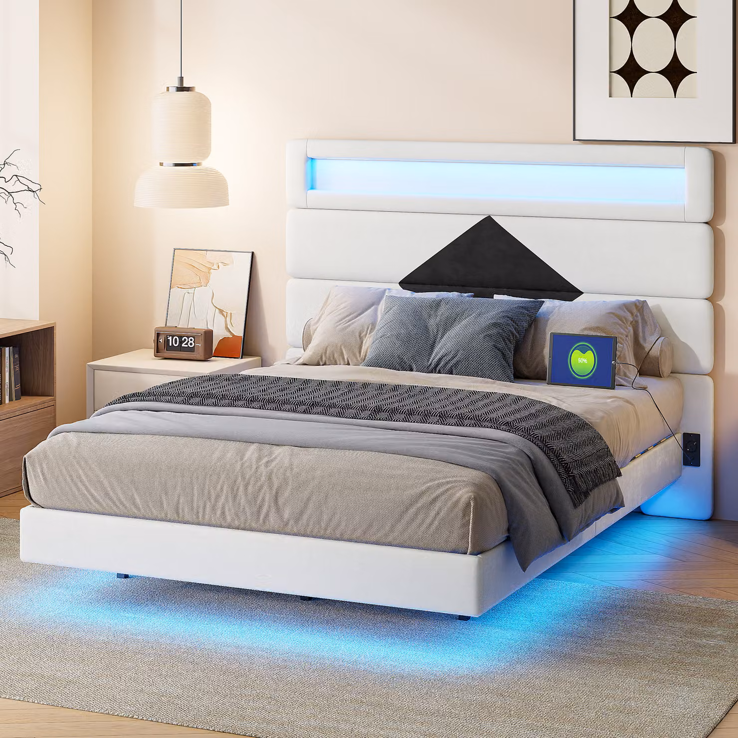 Letto imbottito ProximaX, testata a forma di diamante, asse di legno regolabile, 2 porte di ricarica USB, strisce luminose su testata e pediera, 140×190 cm, bianco + nero, velluto, caricatore UE