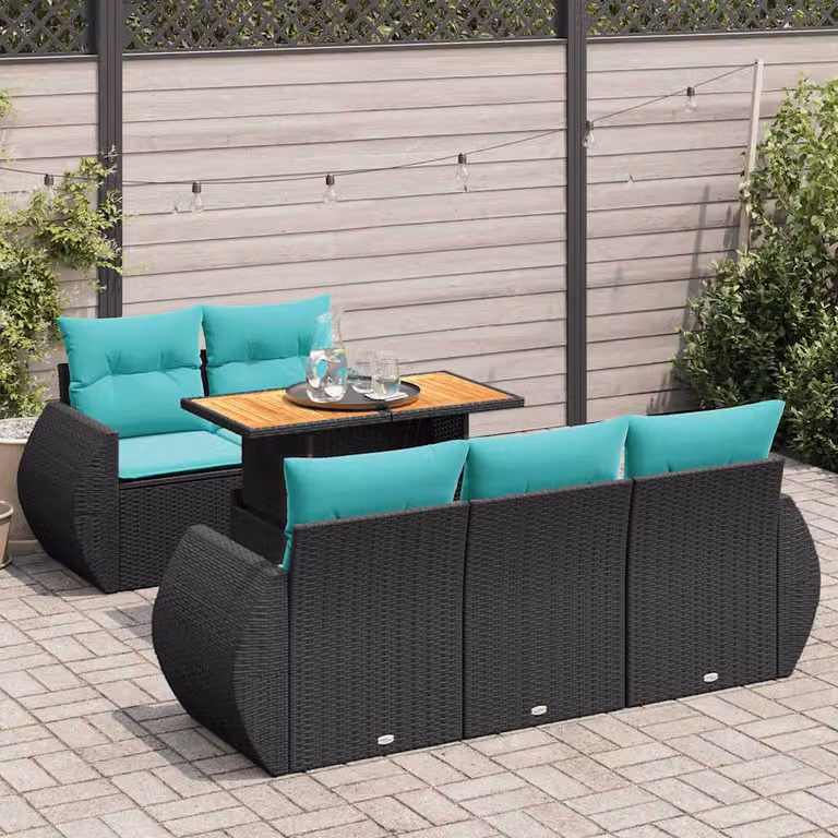 Set Divano da Giardino vidaXL 6 pz in Polyrattan e Legno di Acacia Oliato con Cuscini Nero, Blu e Turchese