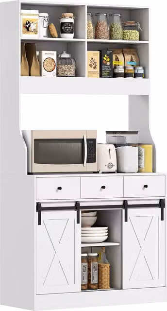 Mobile Credenza da Cucina in Legno Bianco con Cassetti Ante e Ripiani Regolabili Stile Rustico per Casa