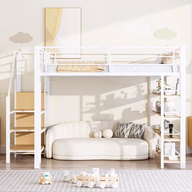 Letto a soppalco 140x200 cm bianco in metallo con scala contenitore e scaffali