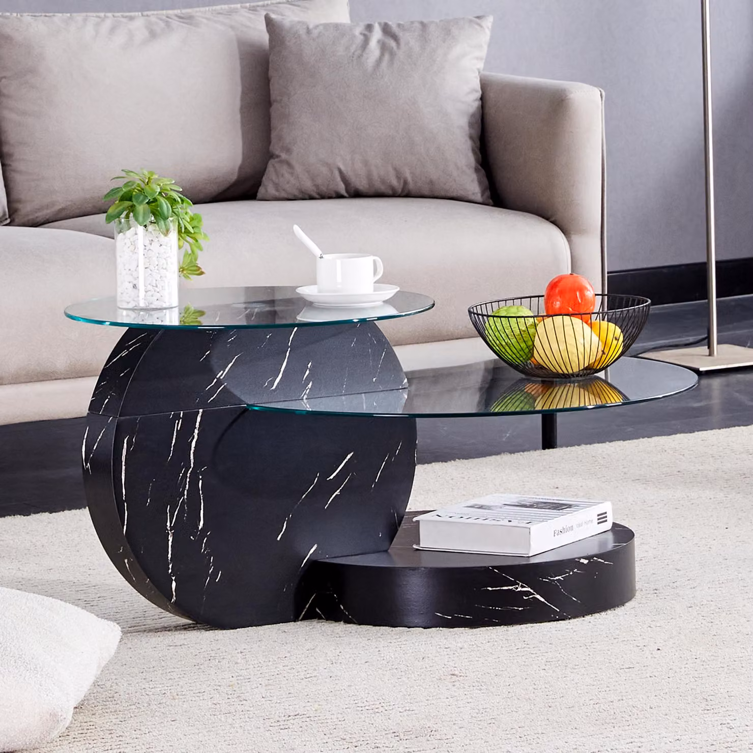 Tavolino da caffè, vetro temperato, multistrato, MDF, adesivo con texture, disponibile in diversi colori (nero, trasparente)