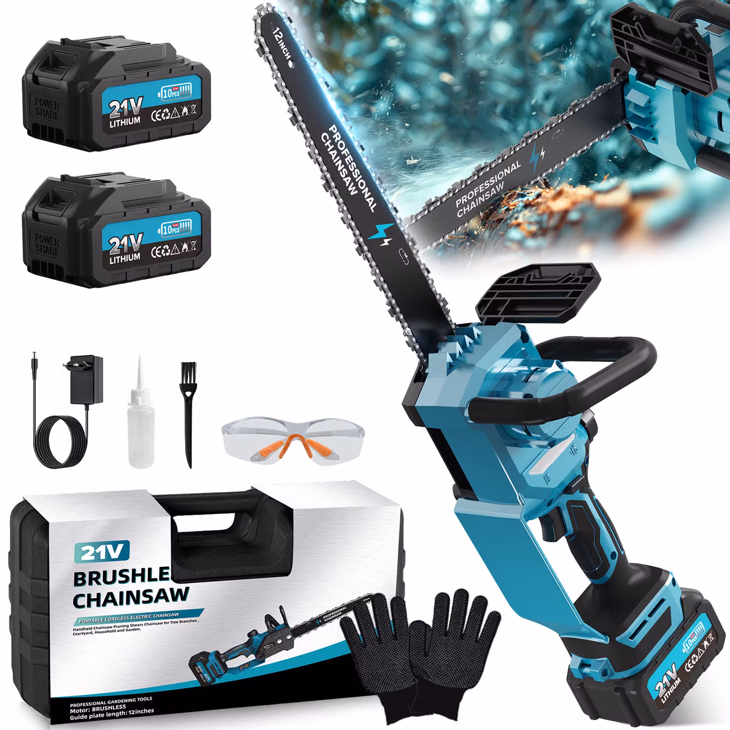 Mini Motosega 12 Pollici Elettrica a Batteria Brushless con 12000mAh 1800W