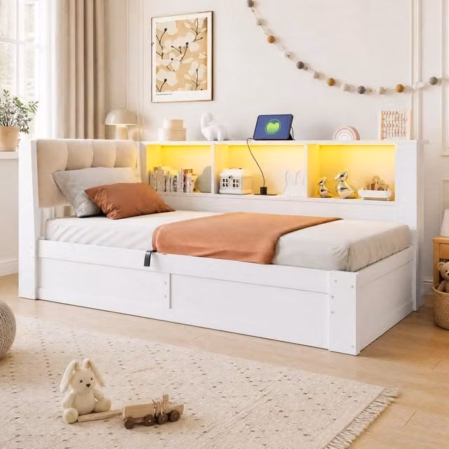 Letto moderno con contenitore idraulico, illuminazione LED, porta USB e mensola integrata, colore bianco, L/P/H: 209.0 x 90 x 113.8 cm – 1