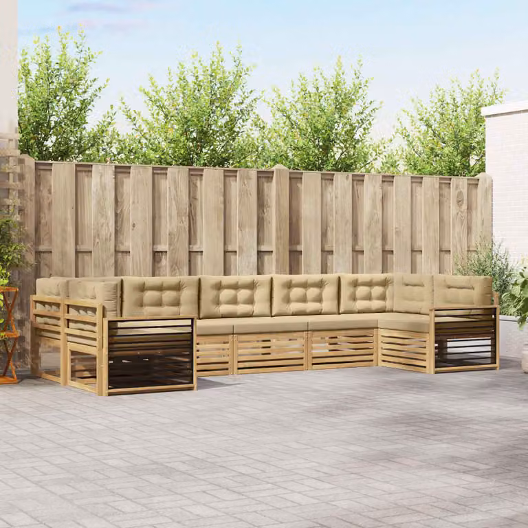 vidaXL Set di divani da esterno a forma di U composto da 7 pezzi in legno di acacia con cuscini Bianco e Beige