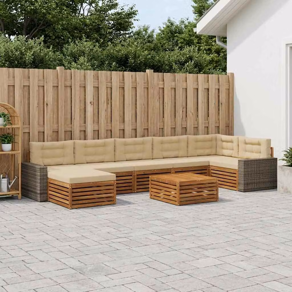Set di divani da esterno vidaXL a forma di L composto da 8 pezzi in legno di acacia con cuscini beige e marrone per giardino e terrazzo