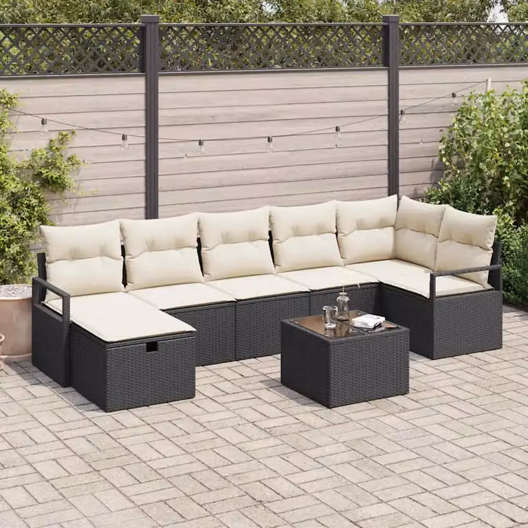 Set di divani da giardino vidaXL a 8 posti in rattan con struttura in metallo e cuscini, Nero e Beige