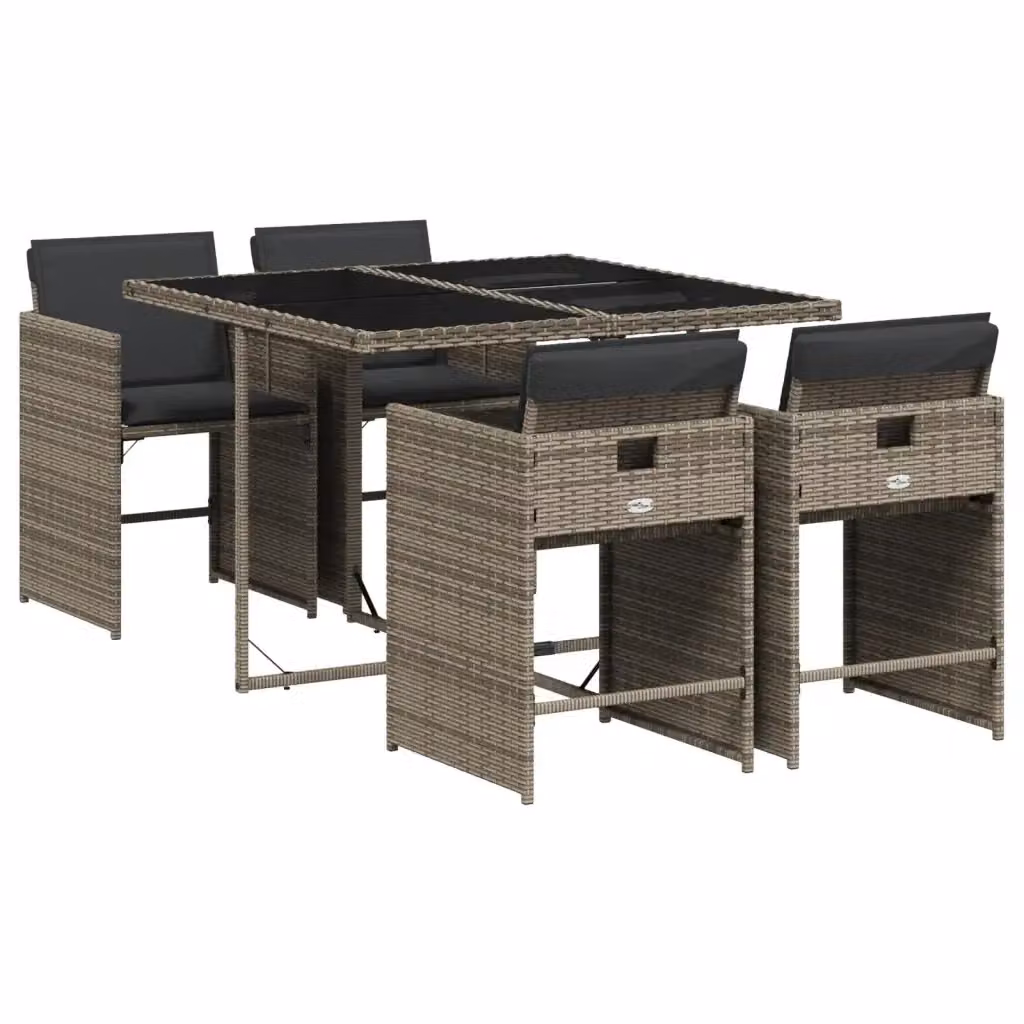 Set da Pranzo da Giardino 5 pz vidaXL in Polyrattan e Metallo con Cuscini e Tavolo in Vetro Grigio e Nero – 2