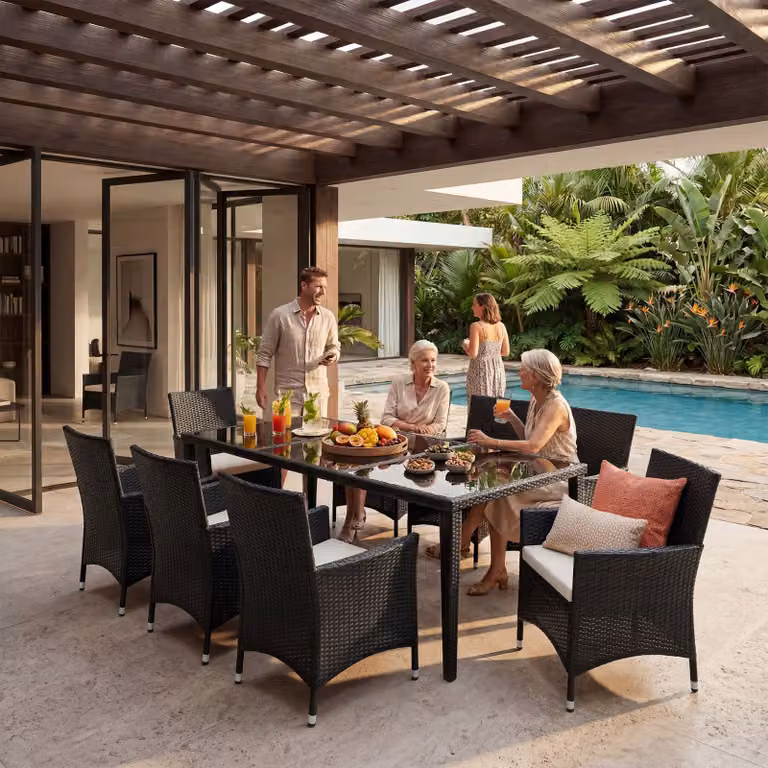 Set da giardino Menorca TecTake con tavolo in alluminio e vetro e 8 sedie in polyrattan nero