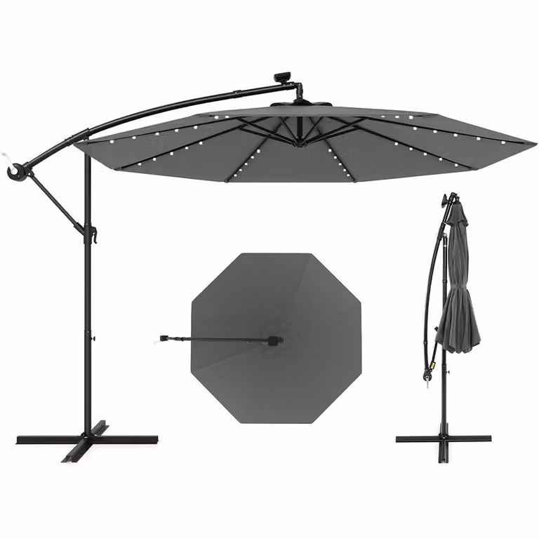Ombrello solare a braccio Costway Grigio con 40 lampadine e pannello solare, Diametro: 300 cm
