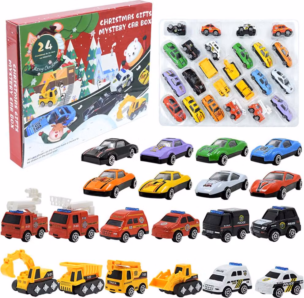 Calendario dell'Avvento con 24 macchinine estraibili, veicoli giocattolo per bambini, regalo di Natale e giochi per feste