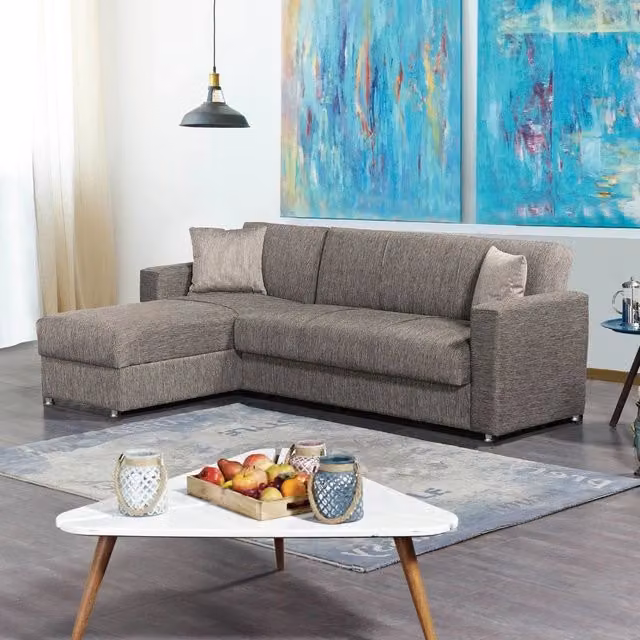 Divano letto Dugo con penisola contenitore reversibile in tessuto tortora 230x150x80H