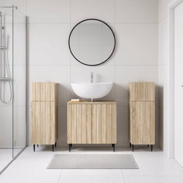 Set di armadietti da bagno vidaXL ZWOLLE in 3 pezzi, Rovere Sonoma, Marrone