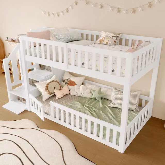 Letto a castello 90 × 200 cm con scala laterale e vano portaoggetti, senza materasso, in legno, bianco