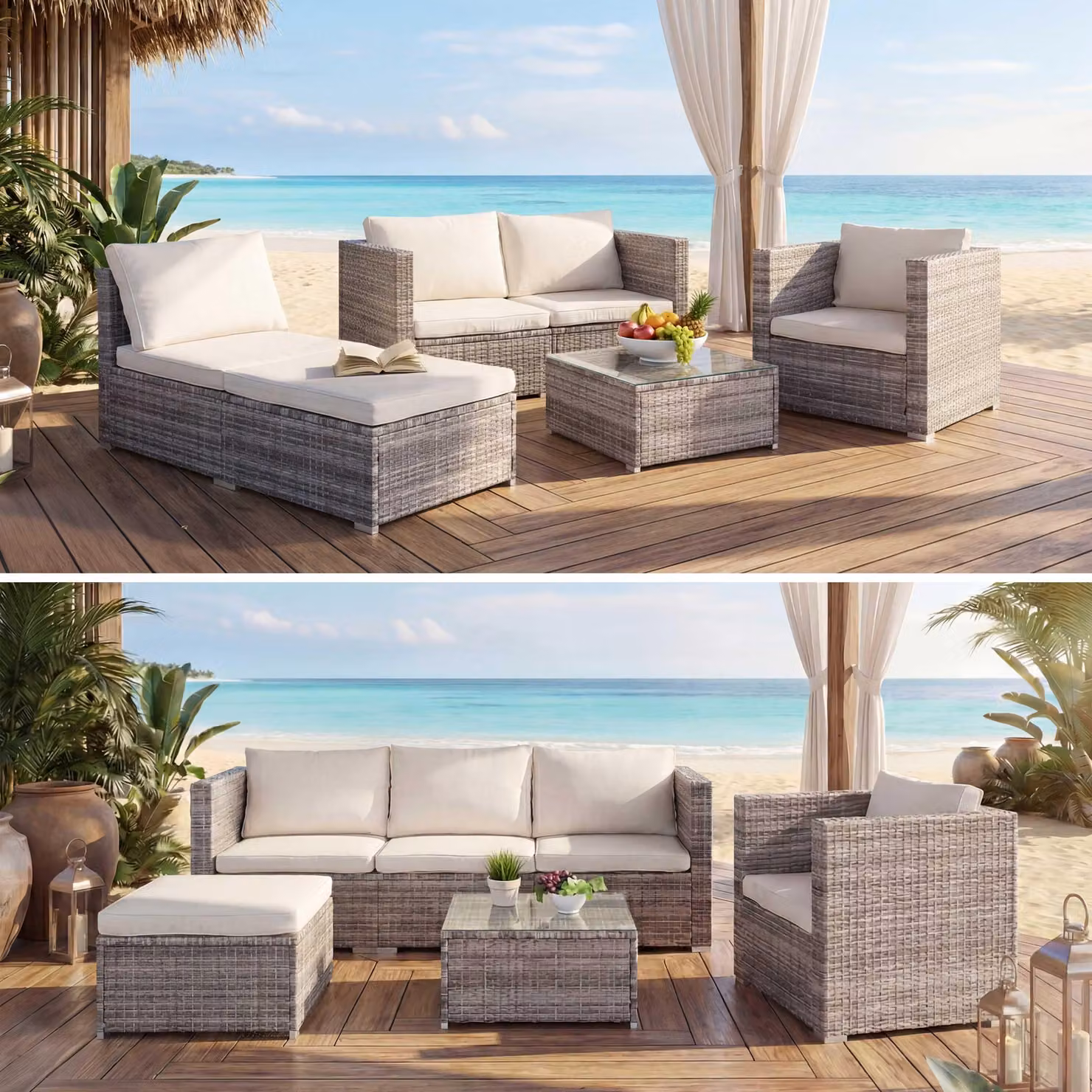 Set in polyrattan Busto, set da giardino, divano, set lounge ~ grigio, cuscini color crema