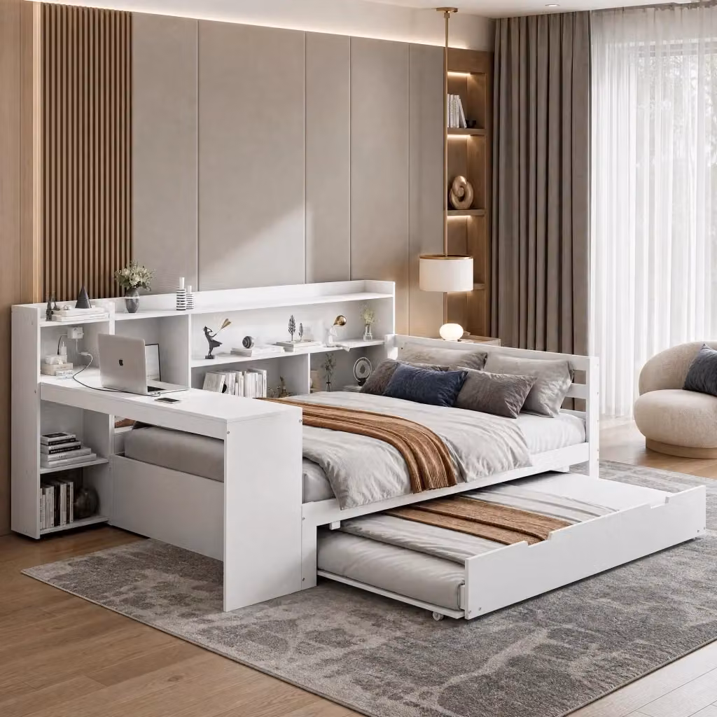 Letto Multifunzionale REDOM Bianco con Scrivania, Ripiani e Porta USB, L/P/H: 245.5 x 140 x 165 cm – 2