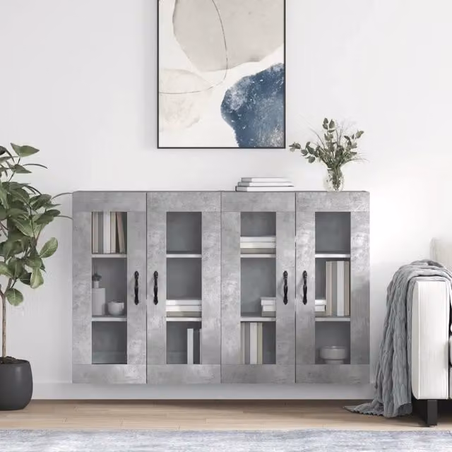 Set di 2 armadietti da parete moderni vidaXL con ante in vetro, colore grigio, in legno e metallo