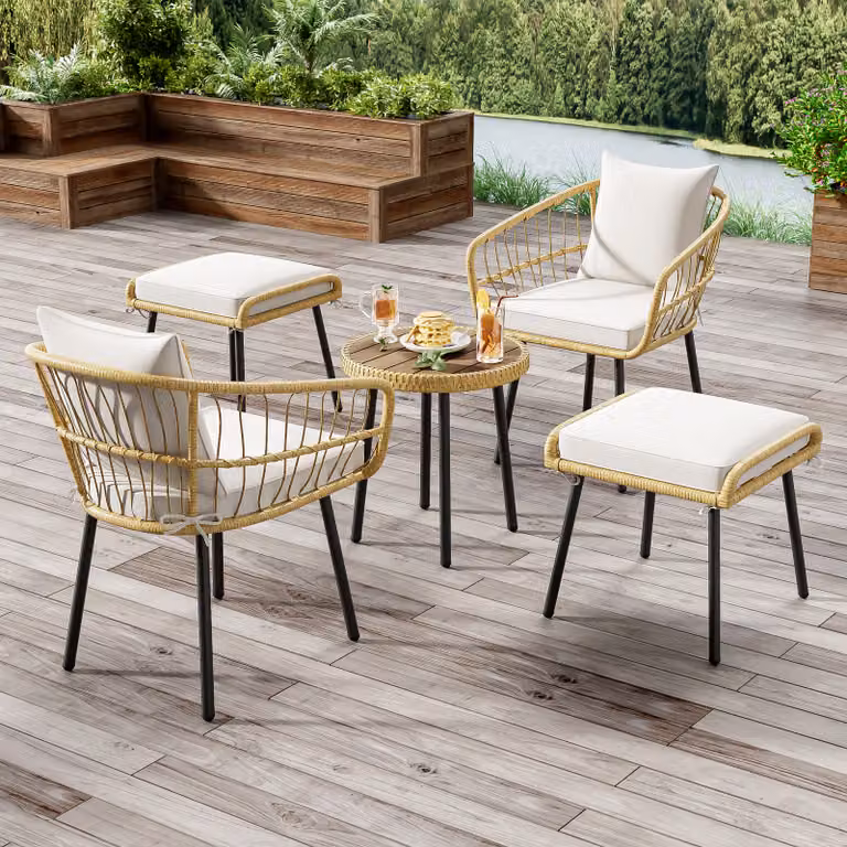 Set da giardino STILVORA da 5 pezzi, set da balcone in rattan, composto da 1 tavolo da pranzo, 2 sedie, 2 sgabelli, rattan, bianco + naturale