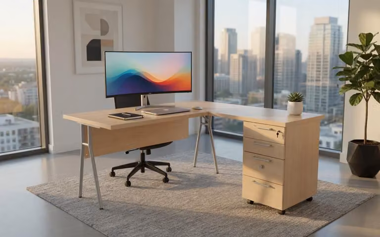 Moderna scrivania angolare in legno con cassettiera e serratura per ufficio