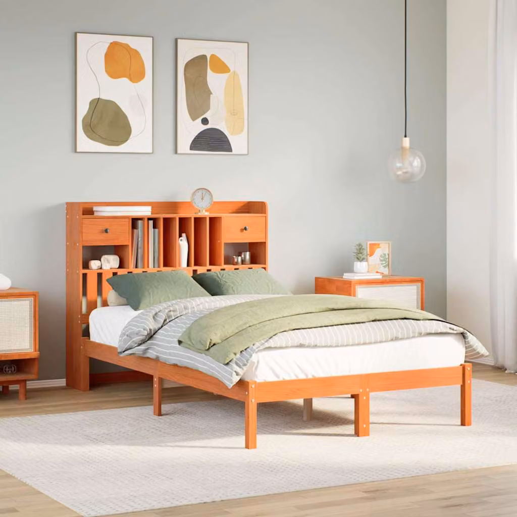 Letto Libreria vidaXL in Pino Massiccio Marrone Cera L: 135 cm, P: 190 cm, H: 141 cm